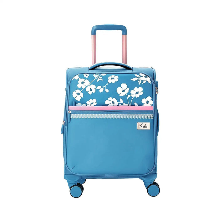 Trolley Bag Small Size, 57 cms Blue Printed Soft Luggage Travel Bag for Women, 8 Wheel Small Luggage Suitcase for Travelling, Cabin-Friendly Small Suitcase