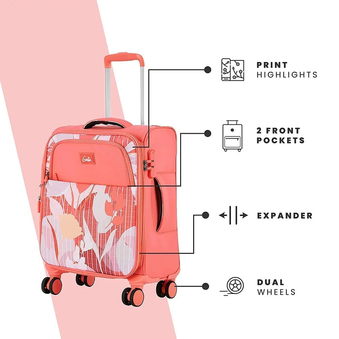 Trolley Bag Small Size, 57 cms Pink Printed Soft Luggage Travel Bag for Women, 8 Wheel Small Luggage Suitcase for Travelling, Cabin-Friendly Small Suitcase