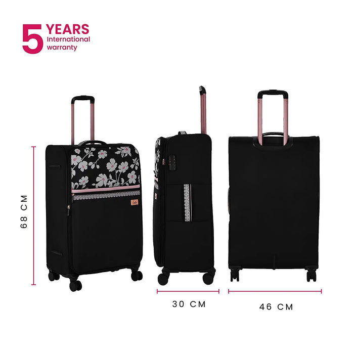 Trolley Bag Medium Size, 68 cms Black Printed Soft Luggage Travel Bag for Women, 8 Wheel Luggage Suitcase for Travelling, Check in Luggage with Trolley