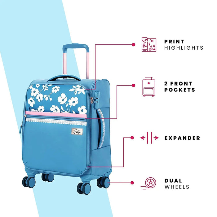 Trolley Bag Small Size, 57 cms Blue Printed Soft Luggage Travel Bag for Women, 8 Wheel Small Luggage Suitcase for Travelling, Cabin-Friendly Small Suitcase