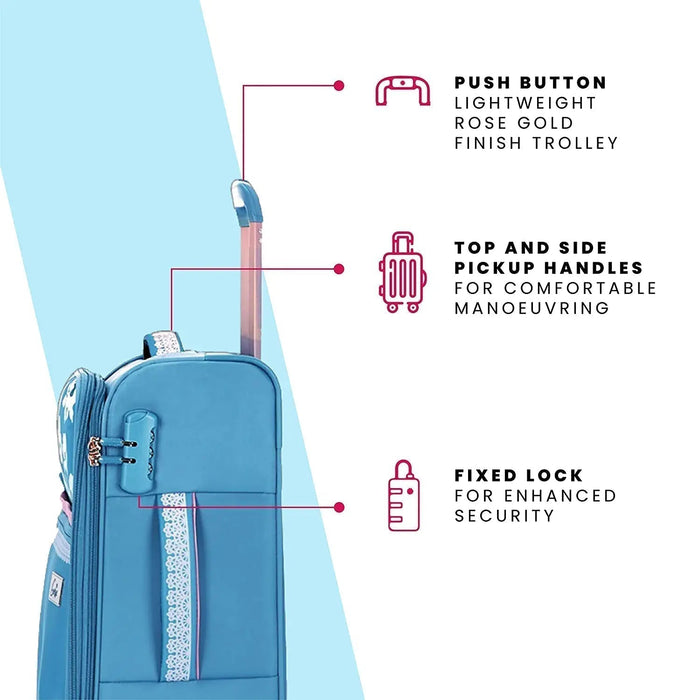 Trolley Bag Small Size, 57 cms Blue Printed Soft Luggage Travel Bag for Women, 8 Wheel Small Luggage Suitcase for Travelling, Cabin-Friendly Small Suitcase