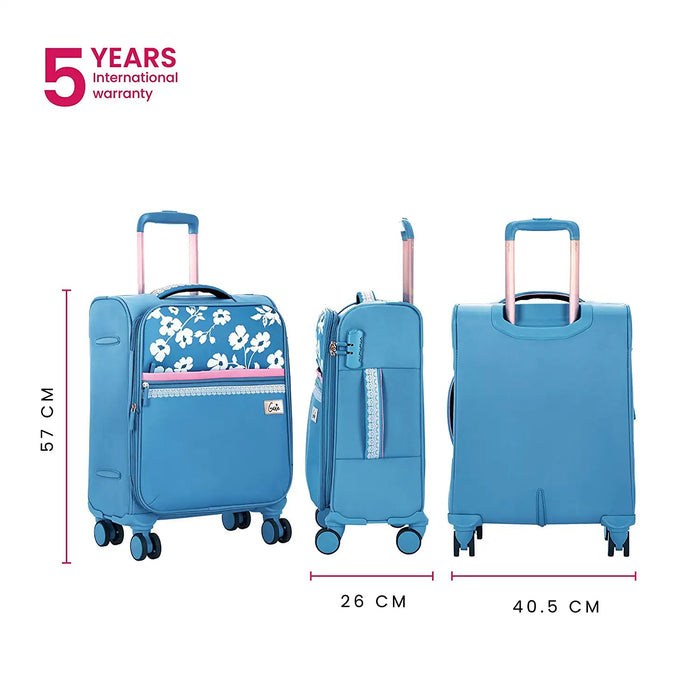 Trolley Bag Small Size, 57 cms Blue Printed Soft Luggage Travel Bag for Women, 8 Wheel Small Luggage Suitcase for Travelling, Cabin-Friendly Small Suitcase