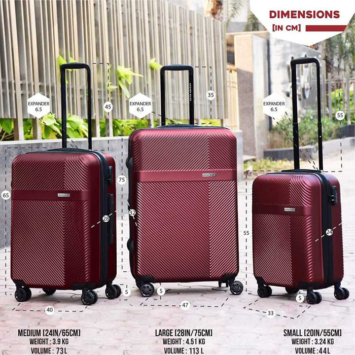 Hard Body Set of 3 Luggage - Hard-Side Polycarbonate Luggage Set of 3 Maroon Trolley Bag Bags (55, 65 & 75 Cm) - Red